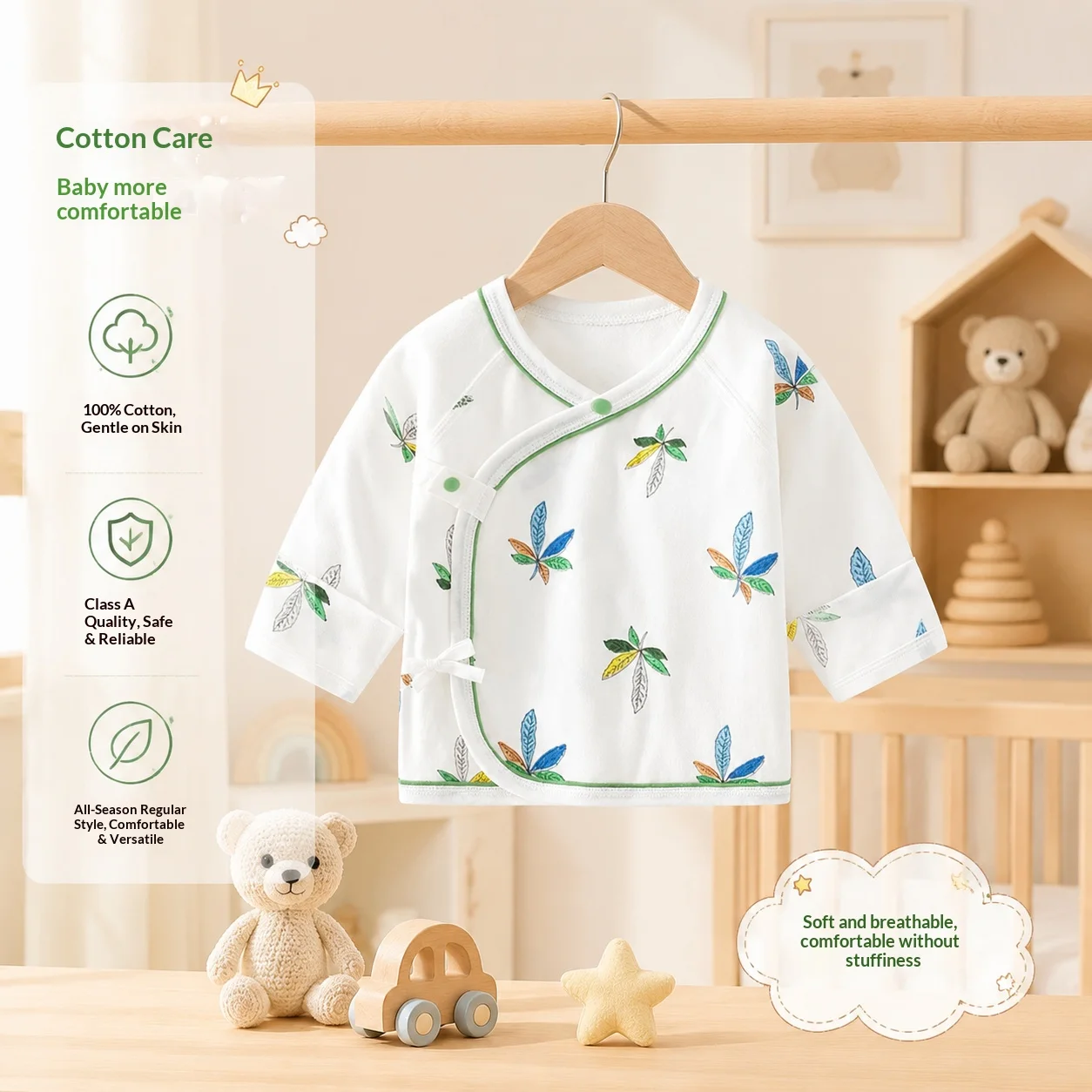 0-3 Months Newborn Half Back Undershirt A Class Soft Cotton Kimono Top Side Opening Tie Knot Colorful Maple Leaf Print Four Seas