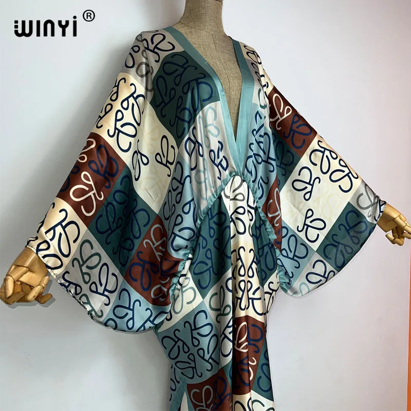 Sexy beach high-quality hand-rolled feel silk rayon fashion print 2023 WINYI Maxi women\'s robes long beach V-neck Bohemian dress