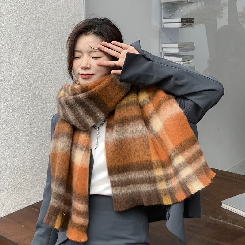 Scarf Rainbow Colorful Plaid Faux Cashmere Mohair Alpaca Blend Warm Soft Tassel Long Winter Women Oversized Cozy Premium