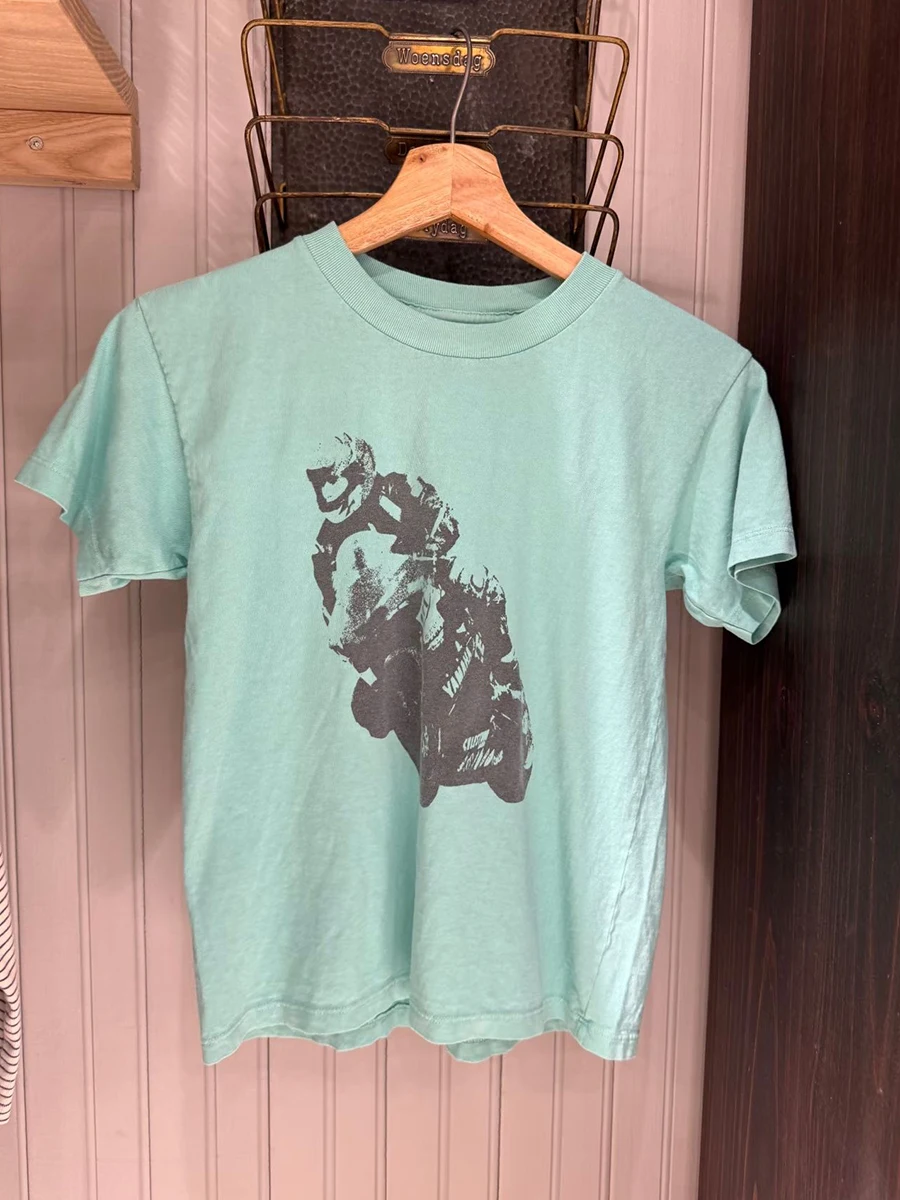 Motorcycle Print Teal Crop Top Woman Summer O-neck Short Sleeve Cotton Tee Shirts American Vintage Streetwear Short Tshirts New