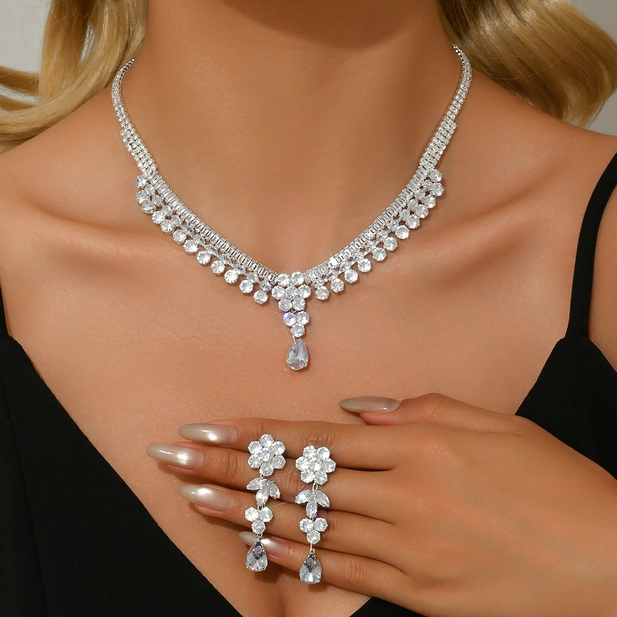 

New floral fringed earrings and necklace set - wedding jewelry with zirconia - bridal accessory