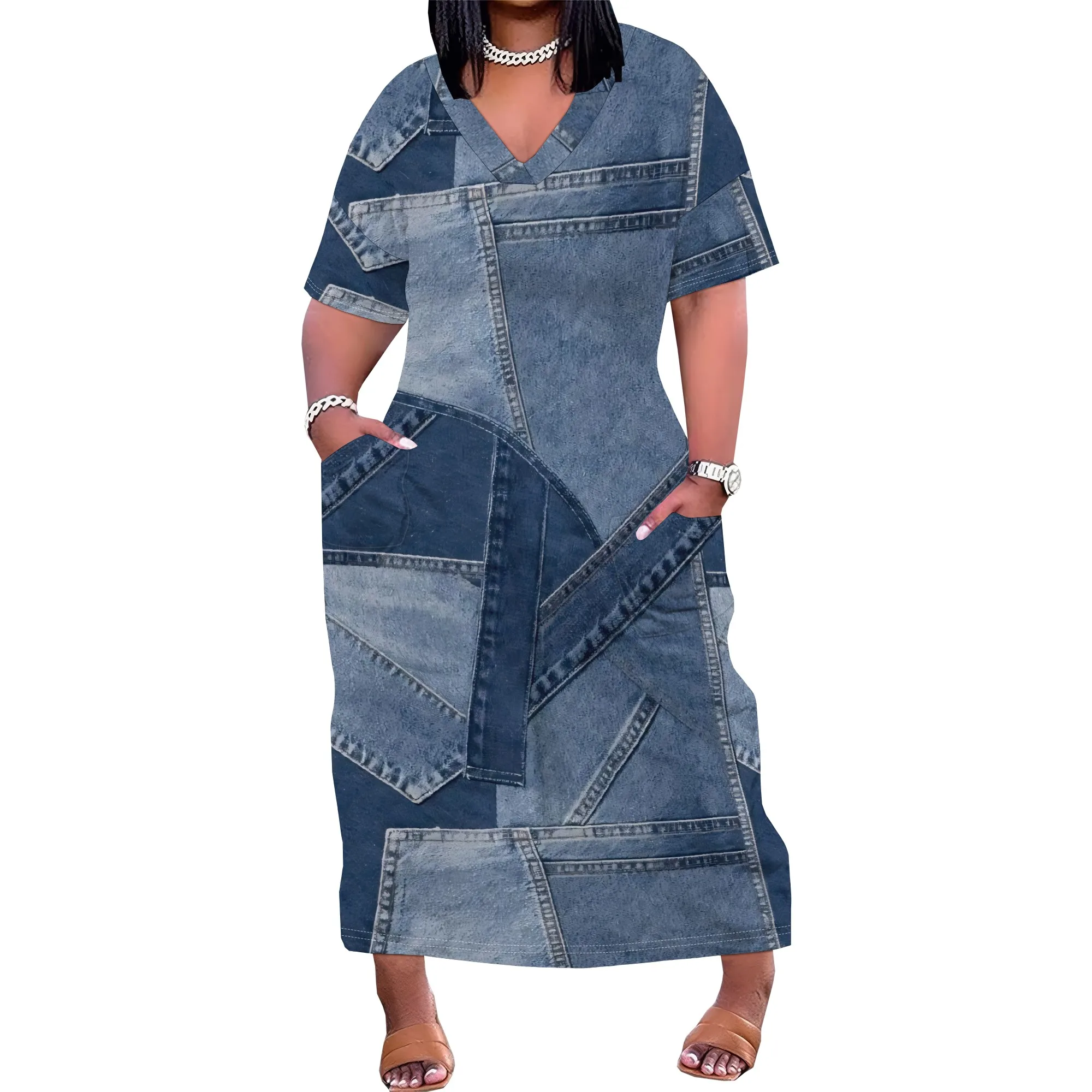 Women's Classic Polyester Denim Style Maxi Dress Blue Slit Casual Everyday