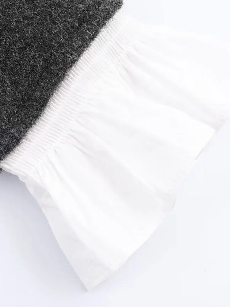 NLZGMSJ المرأة شيك موضة لصق س الرقبة طويلة الأكمام التباين اللون سترة مشغولة من الصوف معاطف سترة فضفاضة غير رسمية #6