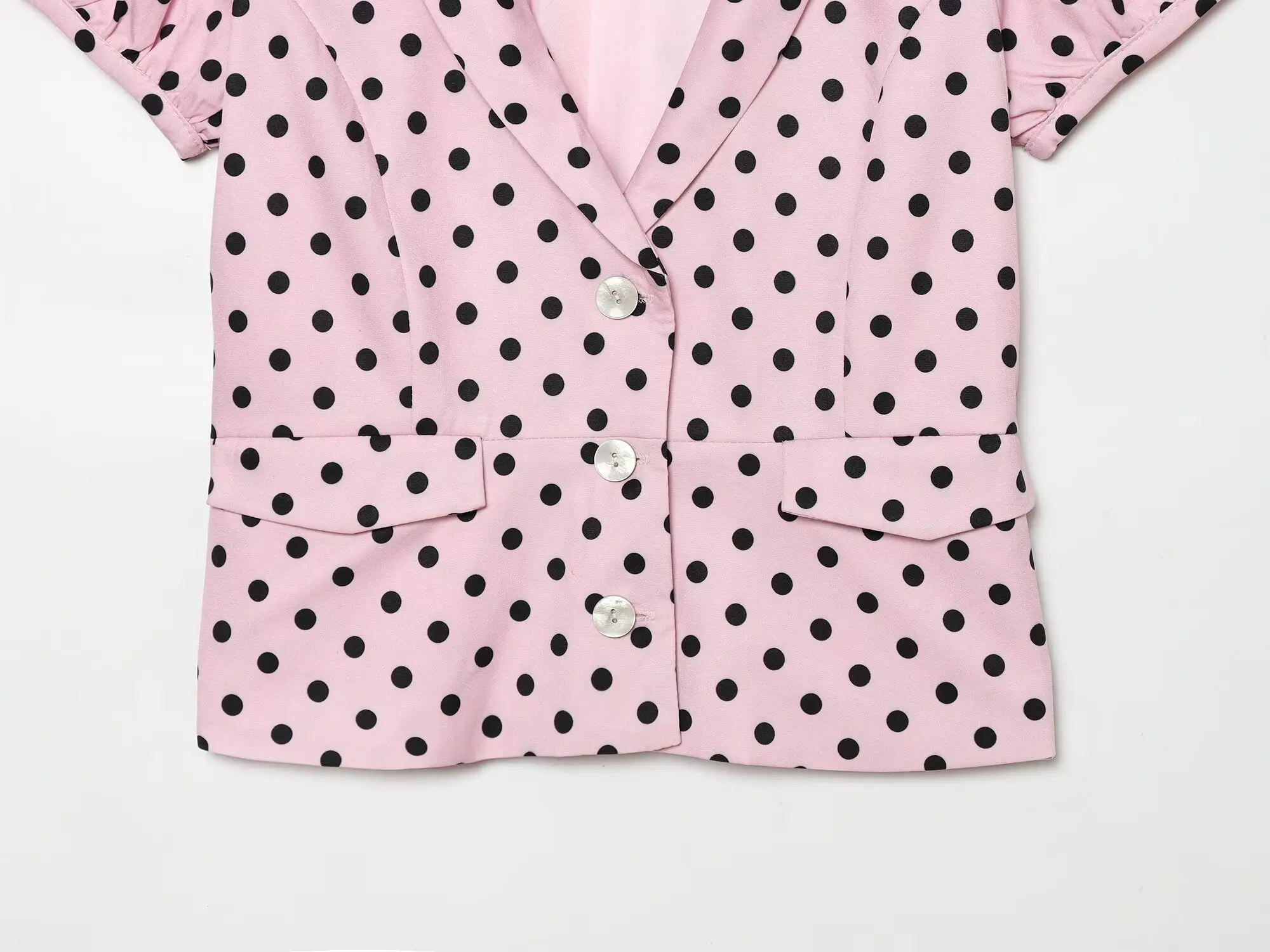 TFMLN 2026 Sommer Damen Kurzarm-Jacke Neu Rosa Gepunktet Schick Tiefer V-Ausschnitt Slim Fit Mantel Modisch Urlaub Lässig – Detail 7