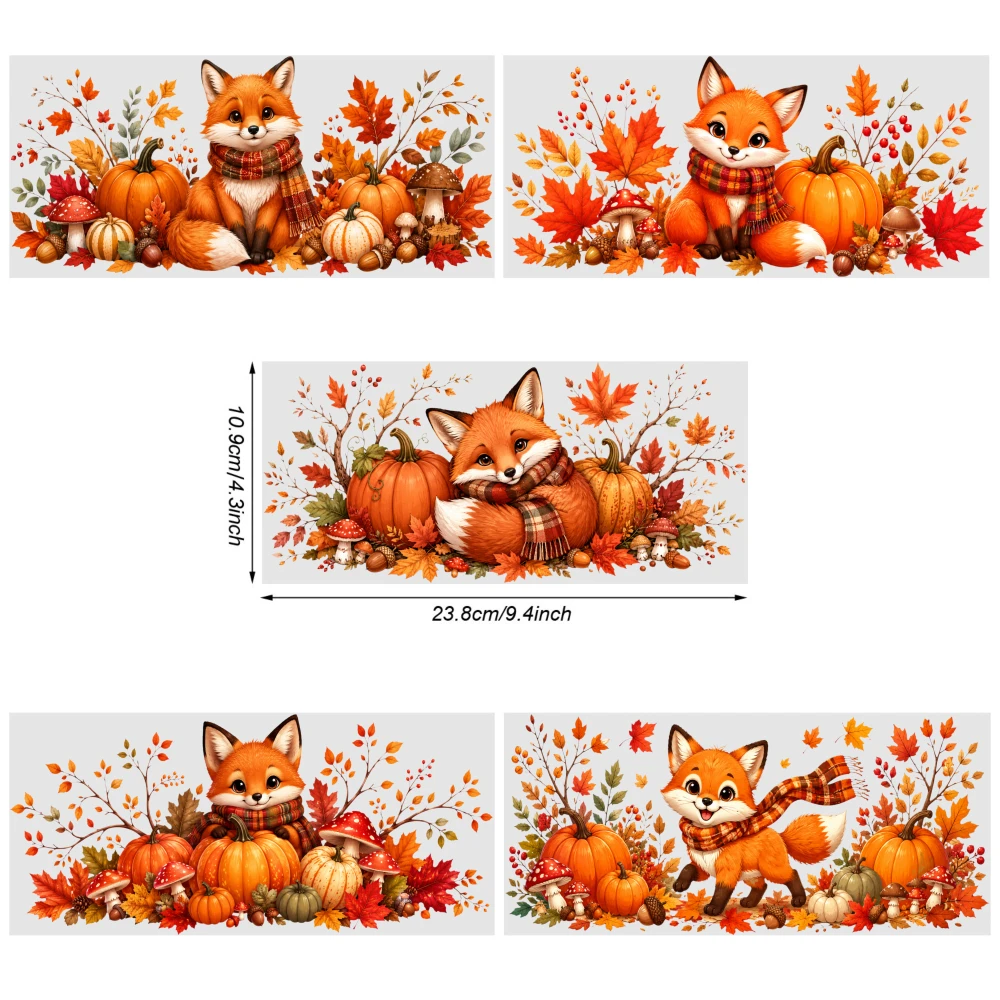 5 Sheets Autumn Fox Pattern UV DTF Stickers Plastic Self-Adhesive Labels for 16 oz Tumbler Waterproof Rub on Transfers