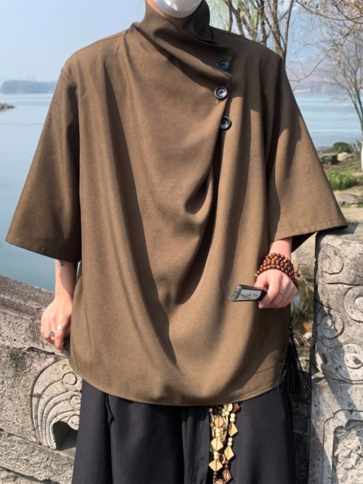 

Ice Silk Short Sleeve Shirt Men's Stylish Design Summer New Chinese Style Thin Seven Sleeve Shirt Cool Feeling Loose Fit Shirt