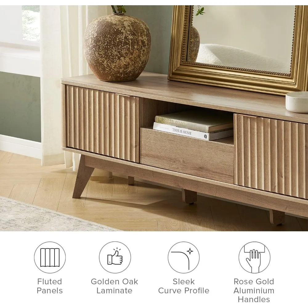 حامل تلفزيون حديث لمنتصف القرن لأجهزة التلفاز مقاس 50-59 بوصة بتصميم منحني ورف قابل للتعديل