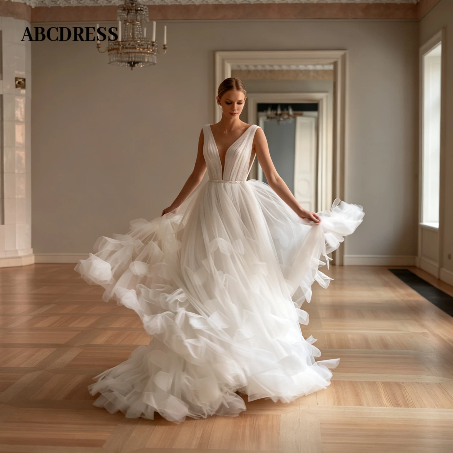 ABCDRESS Customized Elegant A-Line Bridal Gown Deep V-Neckline Layered 3D Floral Wedding Dresses Sleeveless Waistband Lady Dress