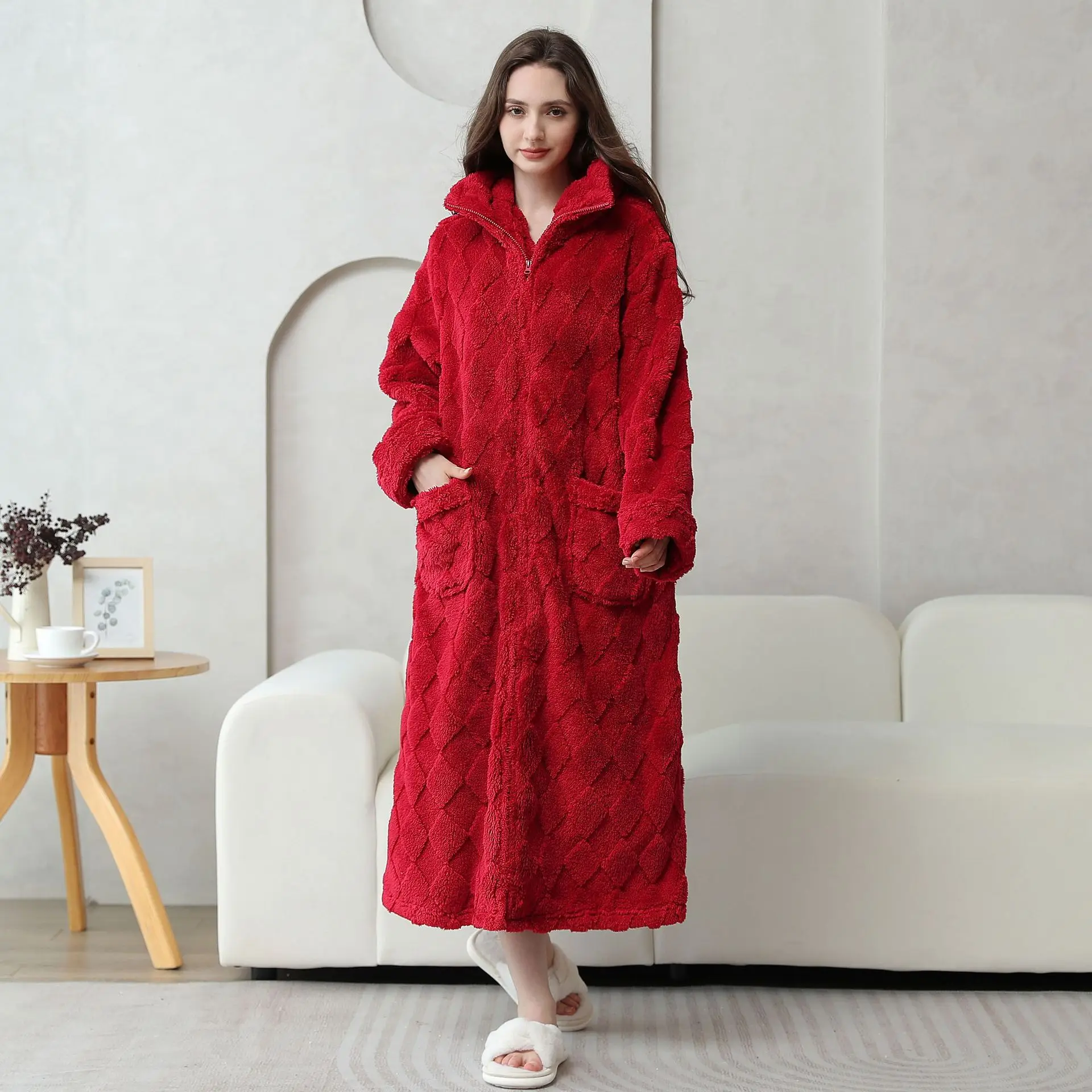 Zipper Coral Fleece Long Robe Kimono Winter Warm Flannel Bathrobe Casual Sleepwear Thicken Homewear