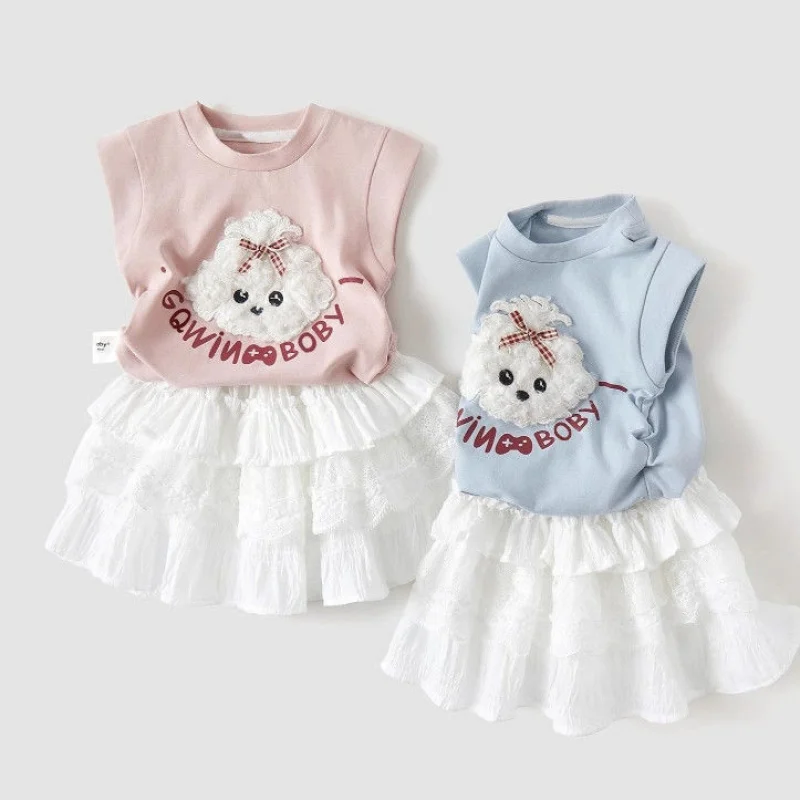 

Girls' new summer collection2026Korean-style fashionable outfit for babies, cute pure cotton puppy top and cake skirt two-piece