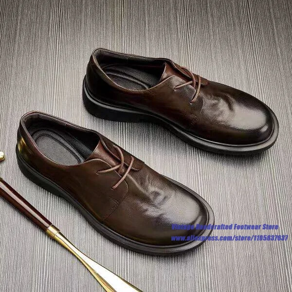 Men's Brown Leather Derby Shoes Soft Cowhide Round Toe Lace-Up Thick-Soled Formal Dress Shoes Vintage Handcrafted Men's Shoes