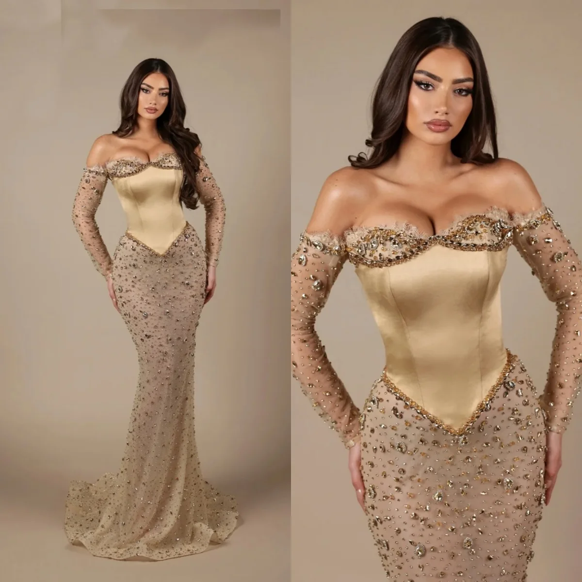 

Elegant Evening Prom Dresses Mermaid Sleeveless Beaded Crystal Sequined Lace Prom Dress Floor-Length Vestido De Noite Customized