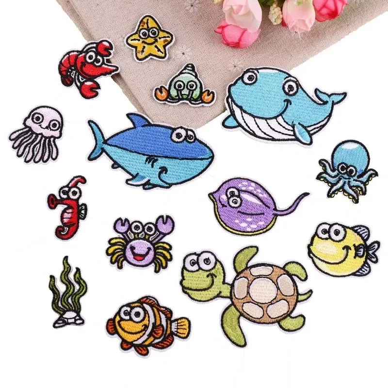 Fish Turtle Cartoon Sea Animals Embroidered Patches for Children Clothing DIY Applique Stickers Iron on Patche Badges