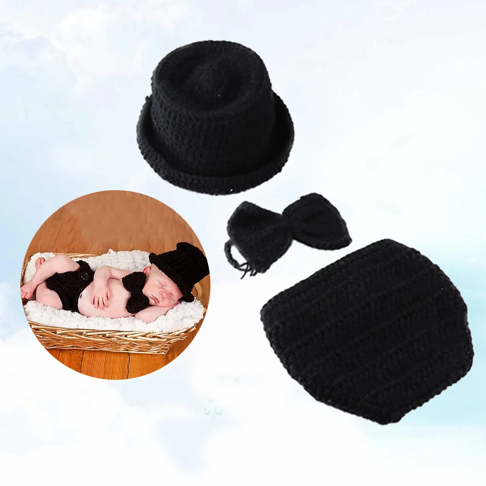 

Baby Little Gentleman Outfit Newborn Pants Knit Hat Set Black Baby Photography Props Photo Outfit Newborn Photography Props