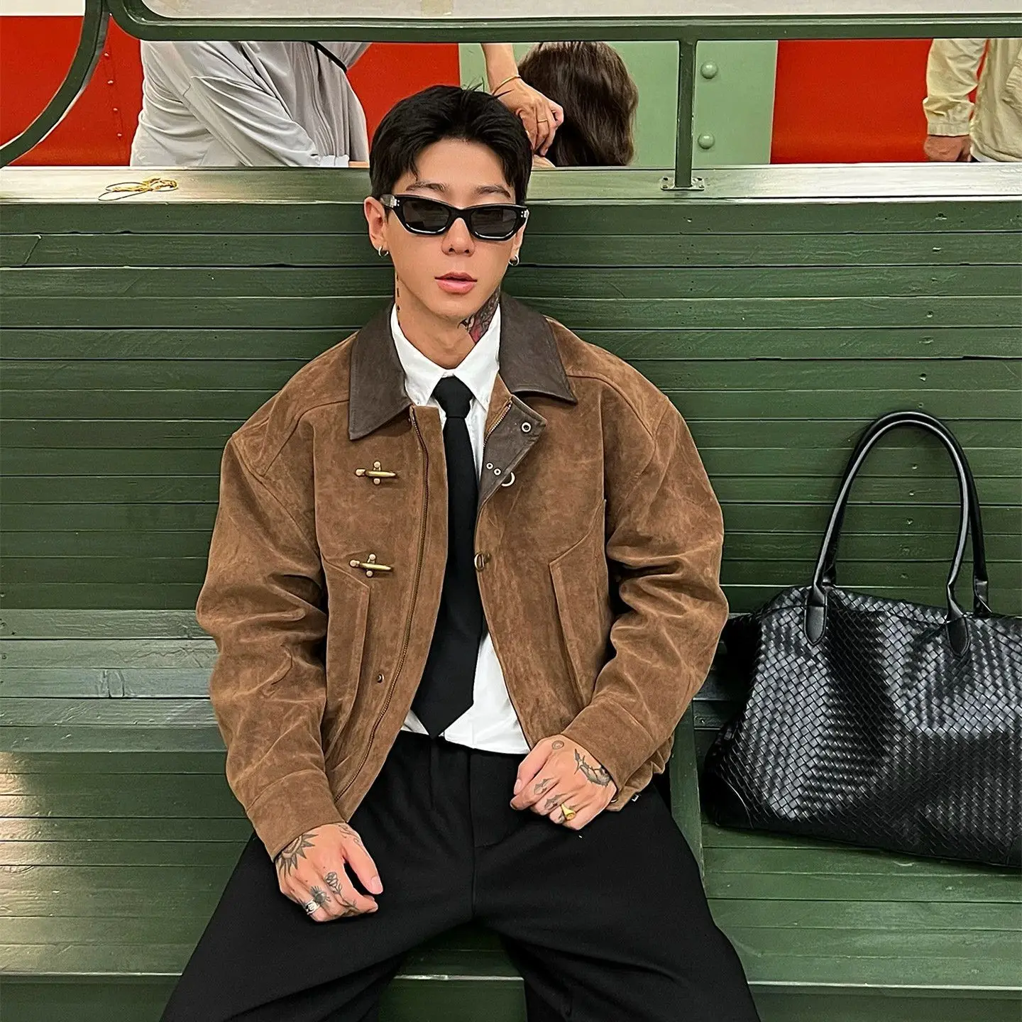 Men Vintage Barn Style Jacket Leather Collar Airplane Buckle Large Pockets Loose Workwear Coat Male Cool Street Casual Outerwear