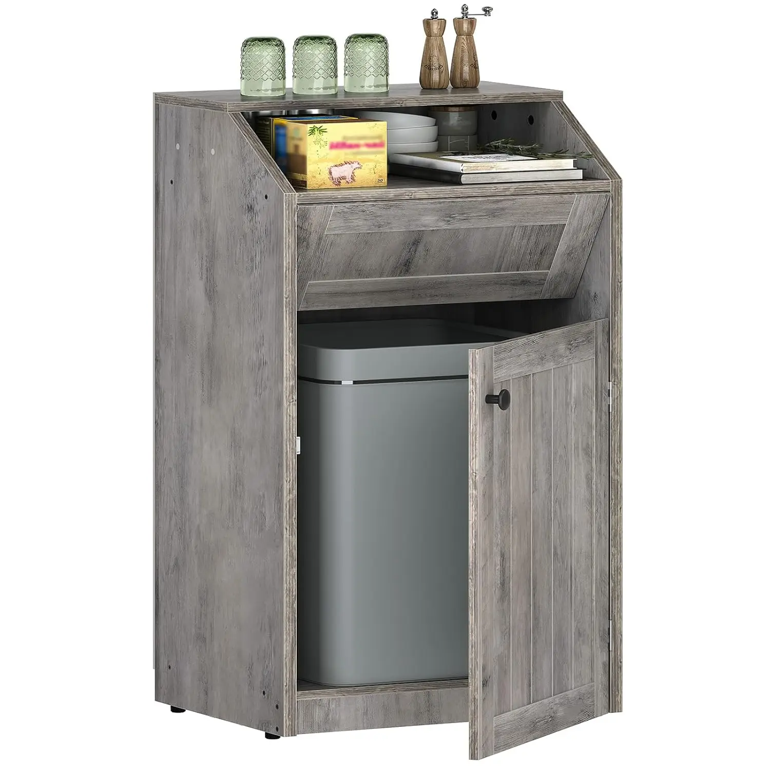 

Trash Cabinet, Freestanding Trash Can Cabinet, Wooden Recycling with Flip Door, Hidden Kitchen Garbage Can, 10 Gallon Laundry