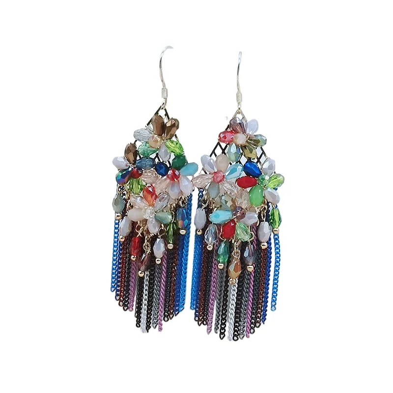 

Purely handmade temperament fringed earrings, ethnic style silver hook long earrings, high-end earrings.