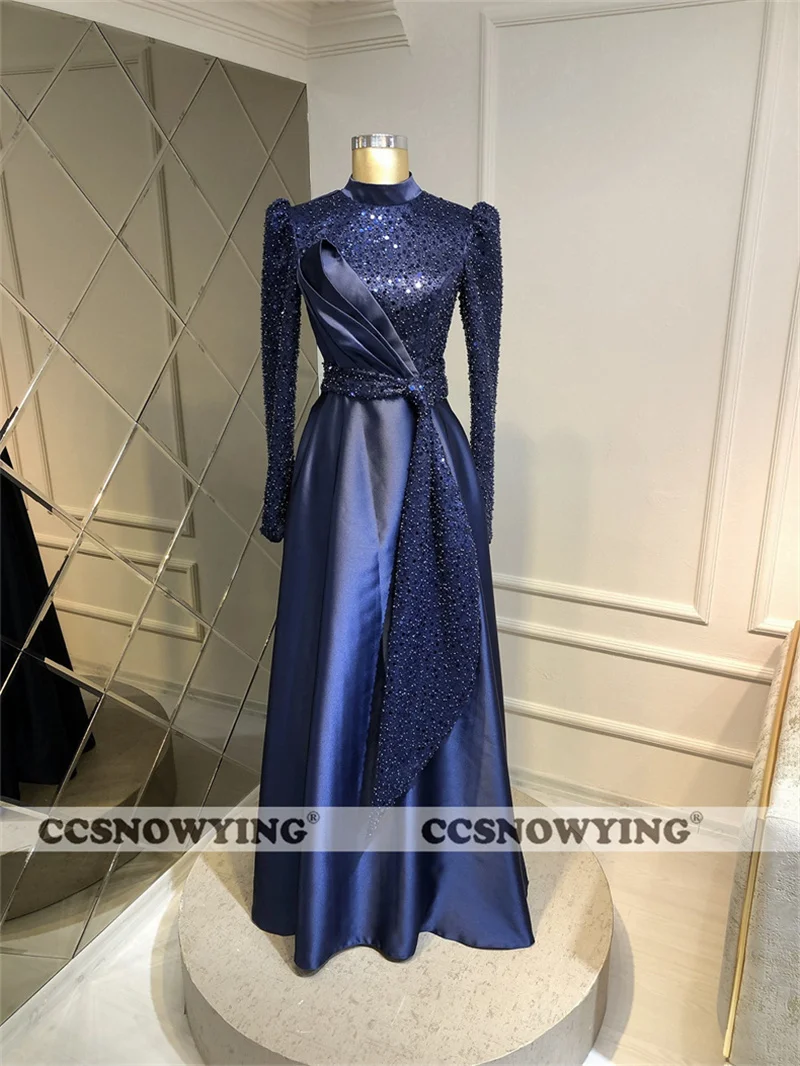 Navy Blue Satin Sequin Muslim Evening Dresses Long Sleeve Hijab Islamic Formal Party Gown Arabic Dubai Women Robes De Soirée