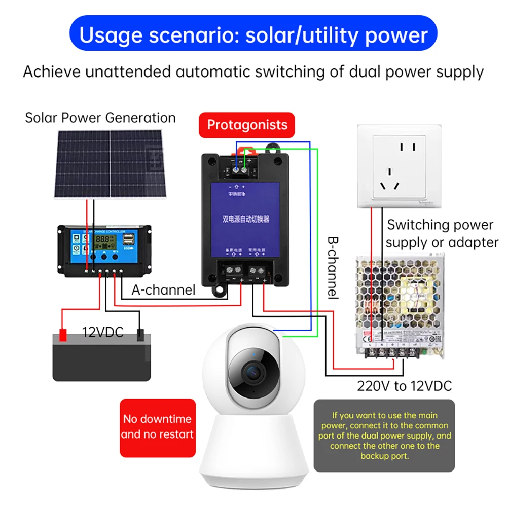 2 Way Universal DC Dual Power Automatic Switch Uninterruptible Power Supply High-speed Conversion Switch 5V-60V Max Current 8A