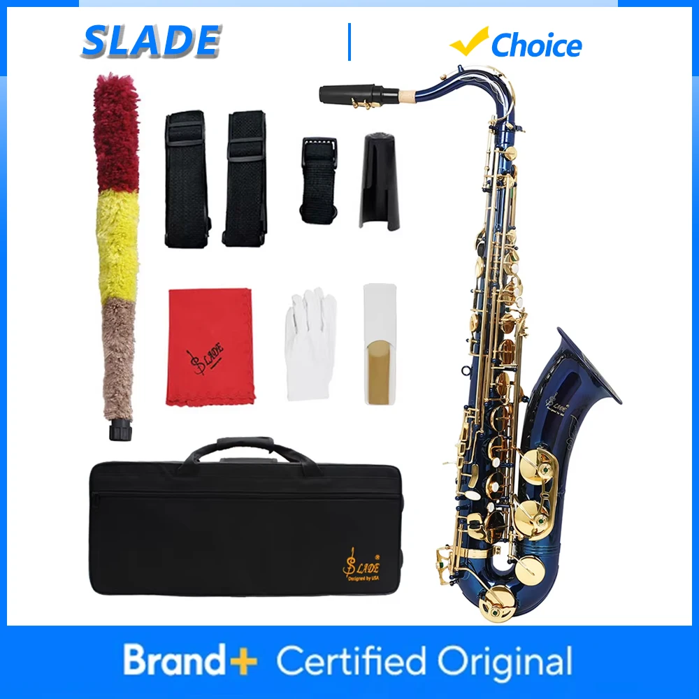 

Тенор-саксофон SLADE, латунный корпус, саксофон Bb, сине-золотой, духовой инструмент с кейсом, тростниками, перчатками, запчастями и аксессуарами