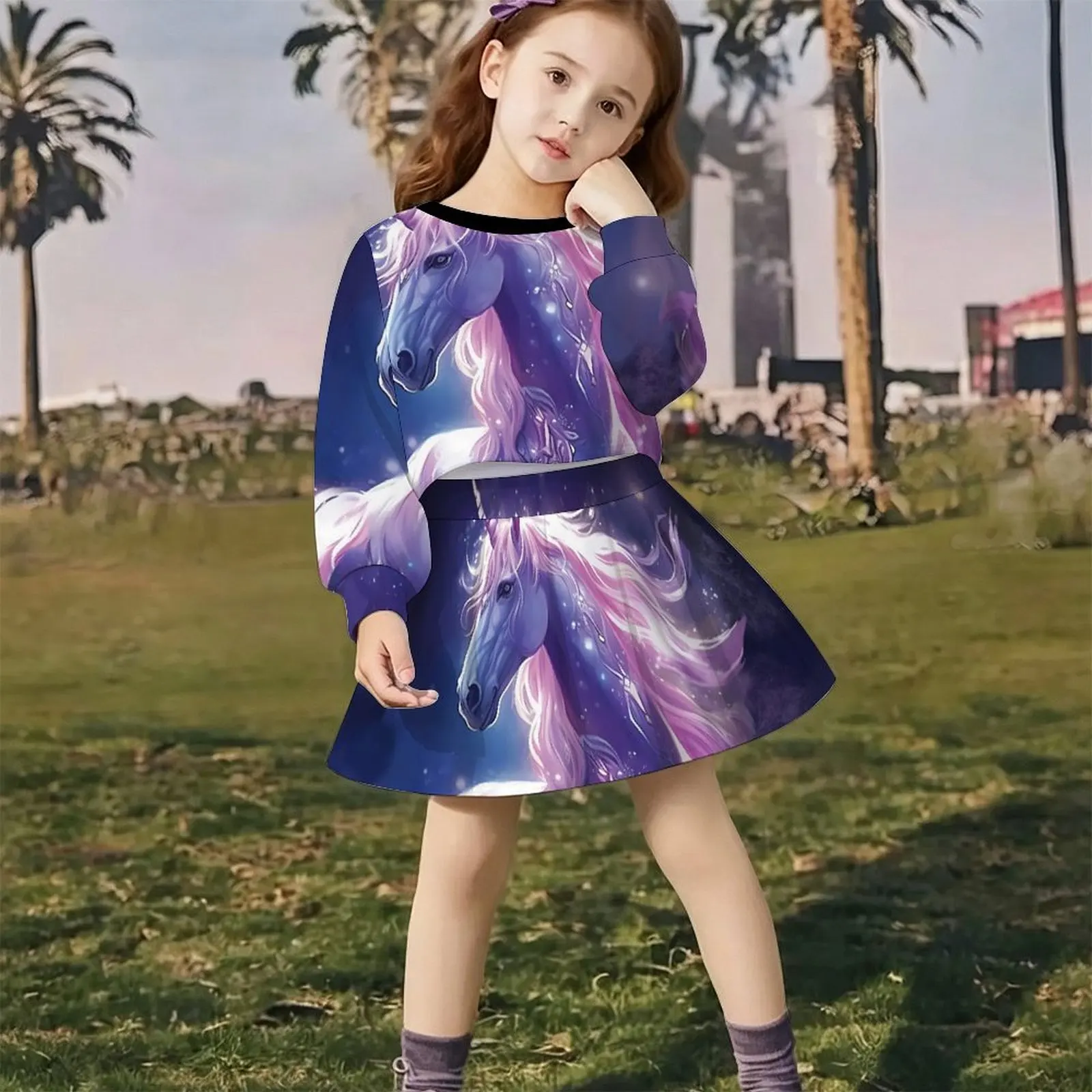 Lovely Kawaii Fairy Style Girls Outfit Long Sleeve Print Top A-line Skirt  Soft Breathable  For Wedding Flower Girl Party