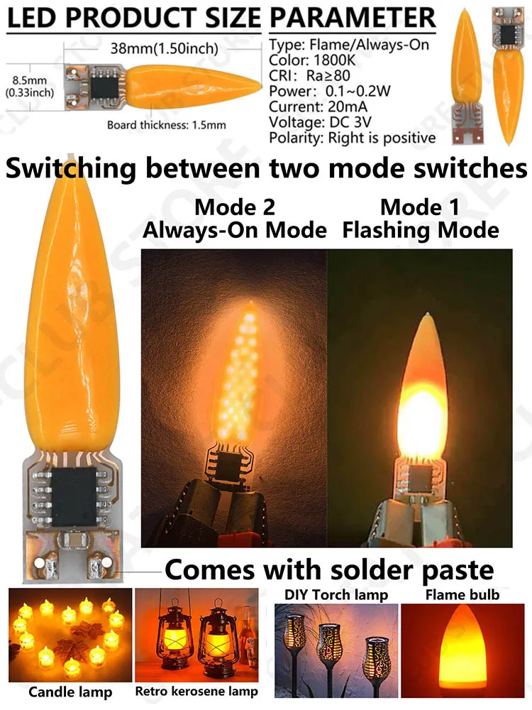 DC 3 V Feuerflammen-LED-Docht für LED-Kerzen, DIY flackernd + immer an, 2 Modi, 1800 K Batterie, Kerzenlicht-Zubehör