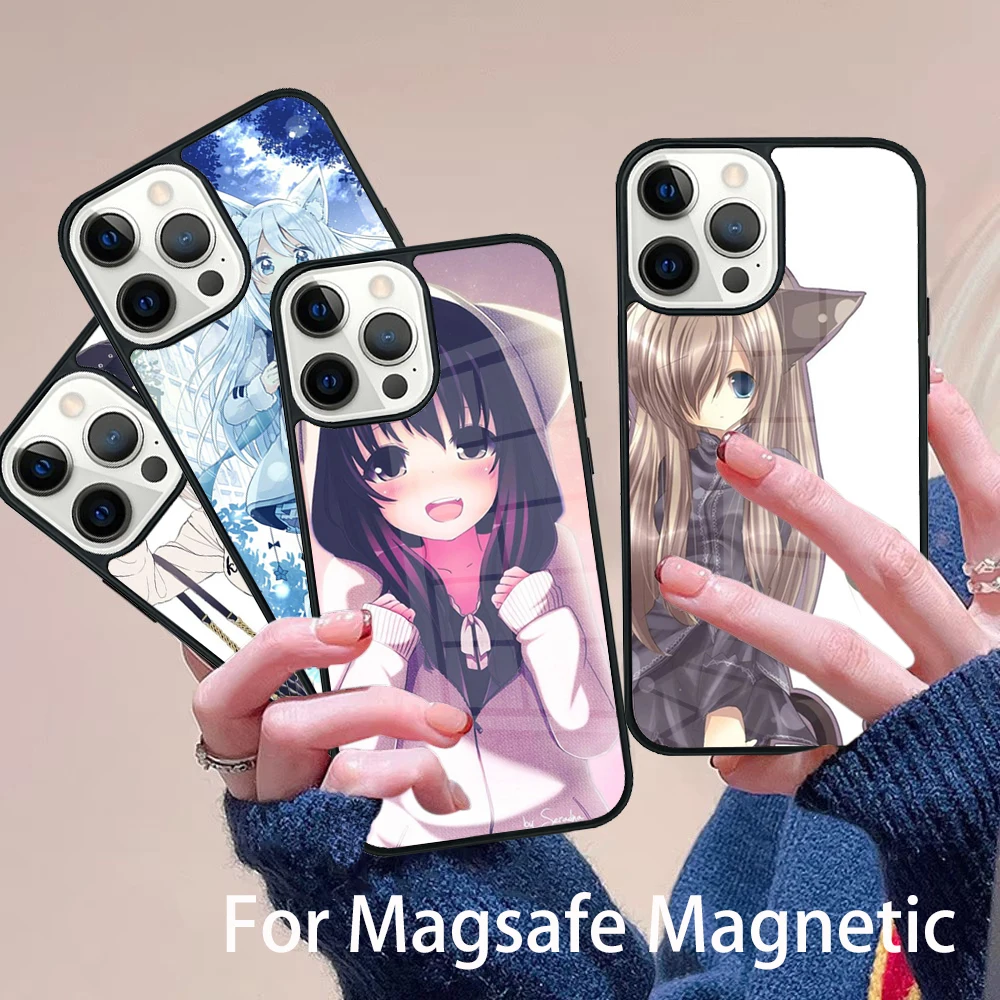 

Anime Cat Girl Phone Case Magesafe Magnetic Wireless Charge Cover For IPhone 16 11 12 13 14 15 Pro Max Plus Mini