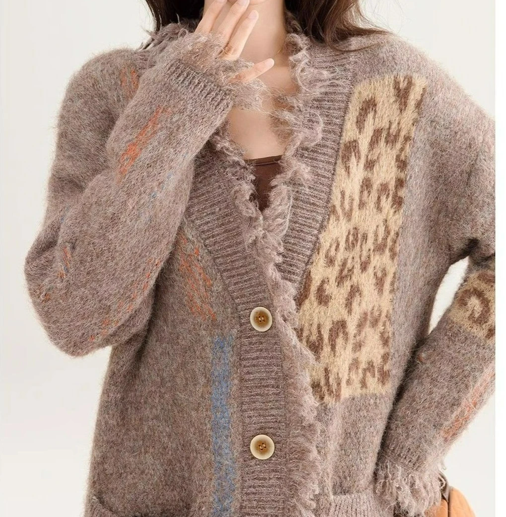 Cárdigan suelto de punto empalmado para mujer, suéter con diseño de leopardo grueso Vintage, abrigo para otoño e invierno
