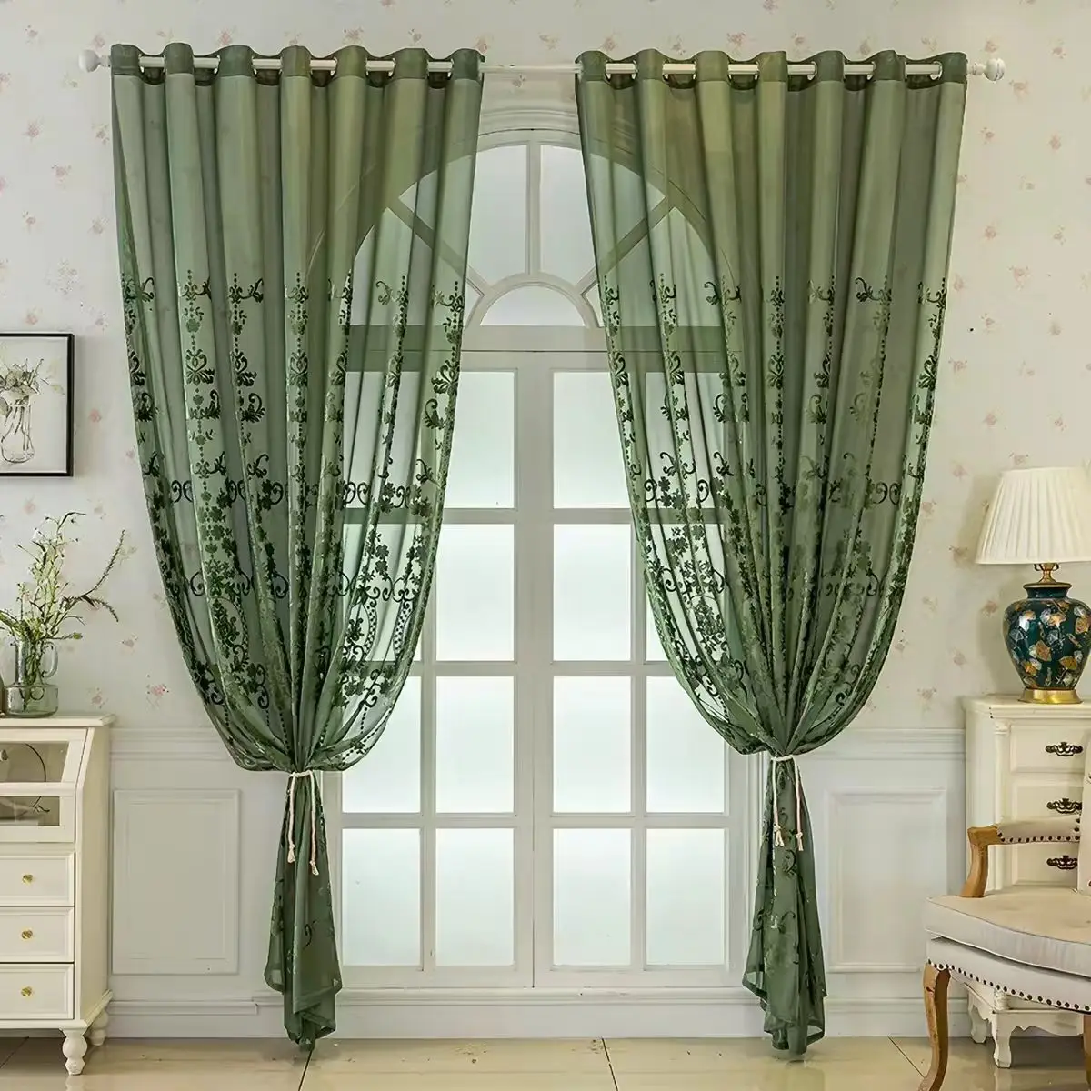 Transparent Bohemian Sheer Curtain 1 Panel,Grommet Drape,Green,Silver,Cream,White,Grey