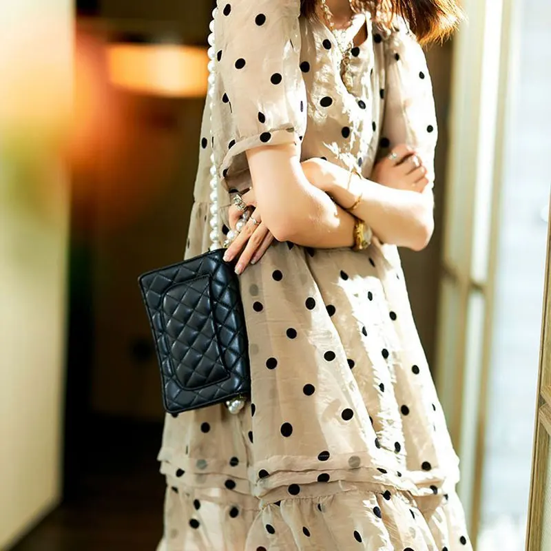 Sweet Stylish Polka Dot Printed Chiffon Midi Dress Summer Elegant Folds Patchwork Women\'s Clothing Loose A-Line O-Neck Dresses