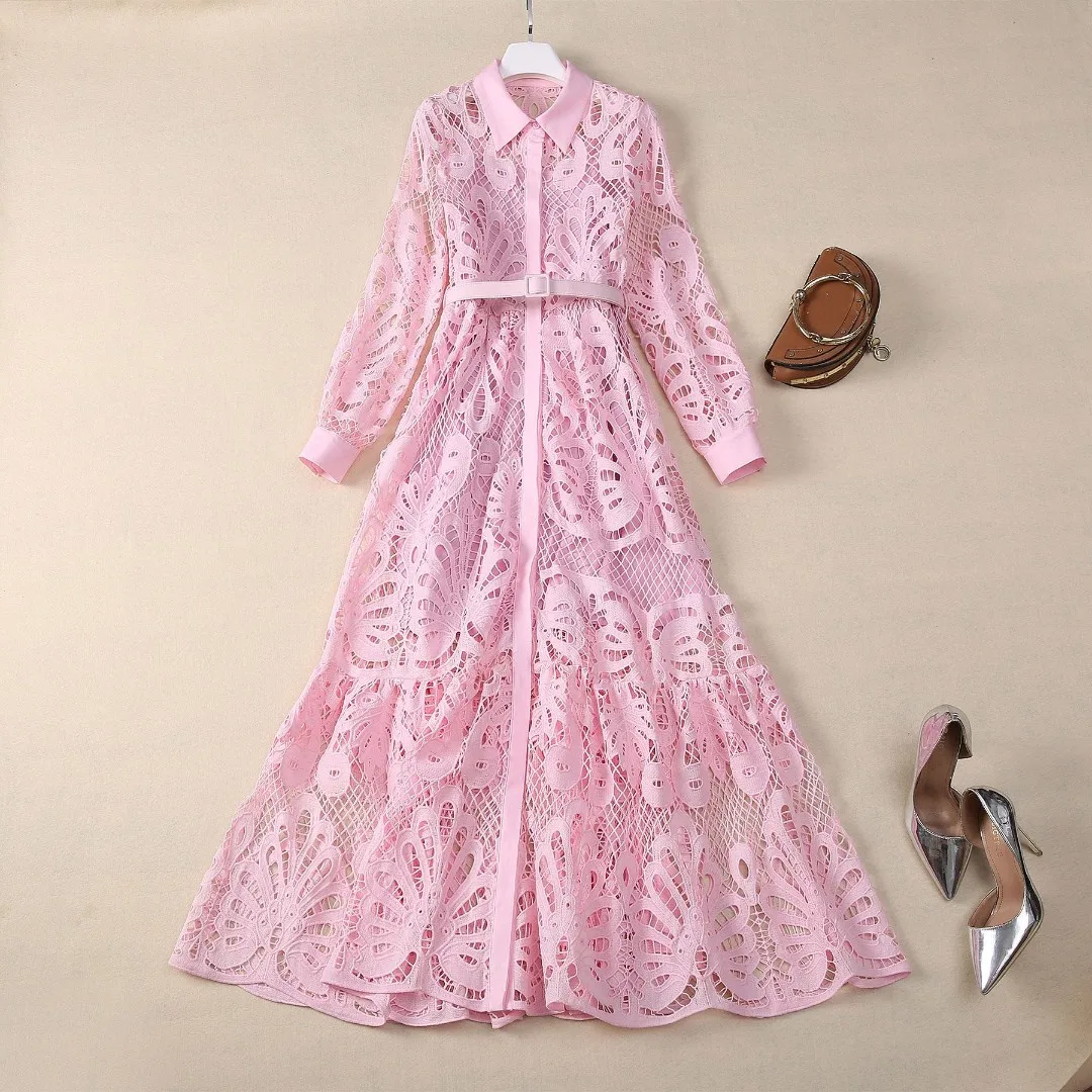 High Quality Autumn Fashion Women's Paisley Chiffon Maxi Dress Long Sleeved Single Breasted Hollow Out Elegant Pink Dresses 2024