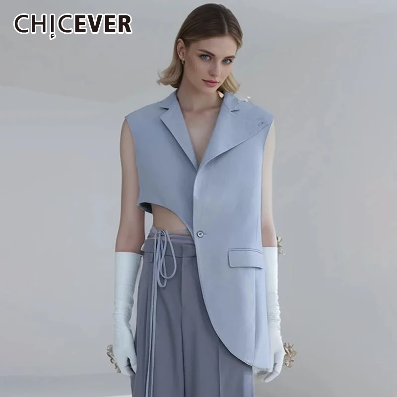 CHICEVER Chic Solid Waistcoats For Women Lapel Sleeveless Off Shoulder Patchwork Lace Up Casual Loose Spring Vest Female 2024