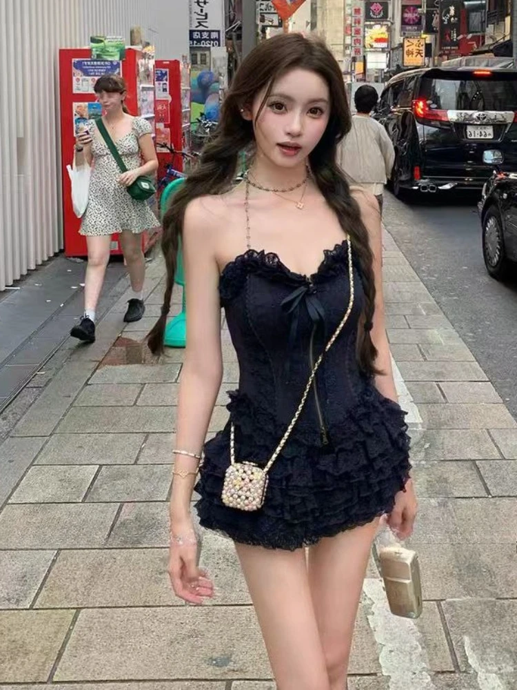 أزياء حلوة مثير سليم حبال 2 قطعة مجموعة النساء تصميم Kawaii Y2k جديد الدانتيل قبالة الكتف دعوى الإناث + عالية الخصر تنورة قصيرة