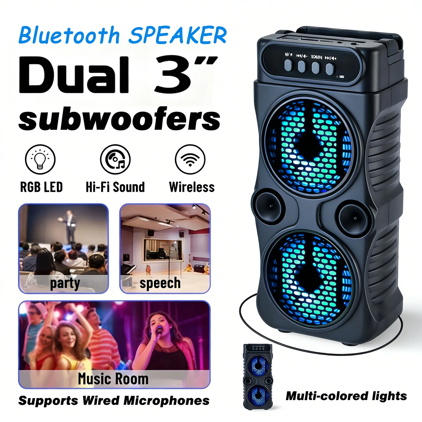 Portable wireless Bluetooth speaker with  multi-mode colorful lights. Supports TF card, USB Type-C port and FM radio. Suitable for parties, outdoor camping, square dancing and other occasions. A lovely gift.