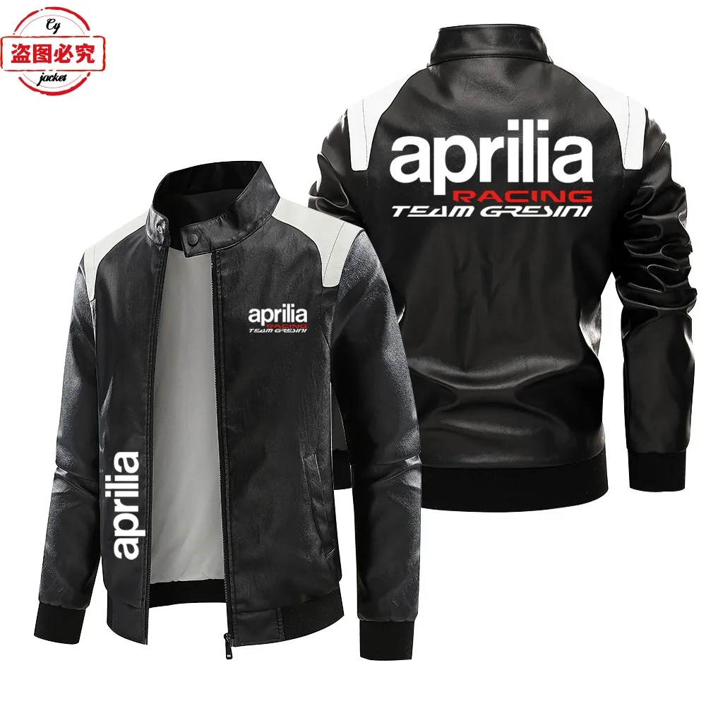 Contrasting color leather jacket Aprilia motorcycle LOGO retro washed pu leather jacket windproof autumn and winter men's jacket