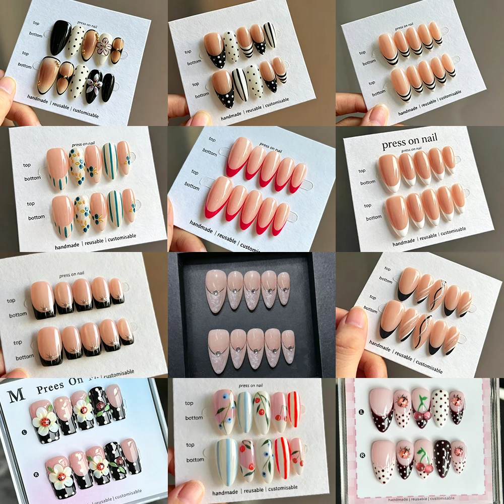 10pcs Handmade Press On Nails Black White Polka Dot Wave French Style Almond Fake Nails 3D White Carved Flower Decor False Nails