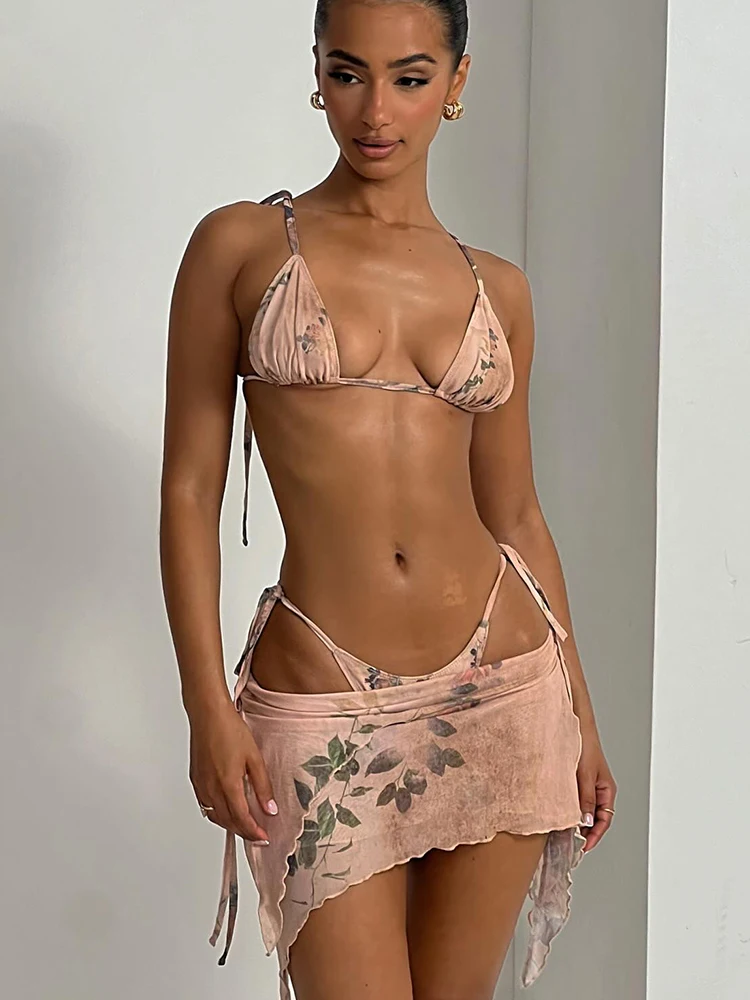 ZRTAK 3-teiliger Triangel-Bikini für Damen, bedruckter Badeanzug, Mikro-Bademode, bedruckter Badeanzug, brasilianischer Biquini, sexy Strandkleidung