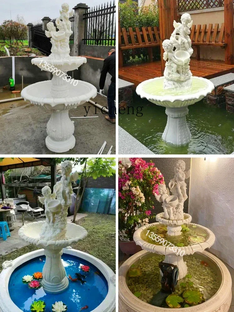 Outdoor, Garden Sandstone Flowing Water Sculpture Large Ornament European Landscaping Ornament