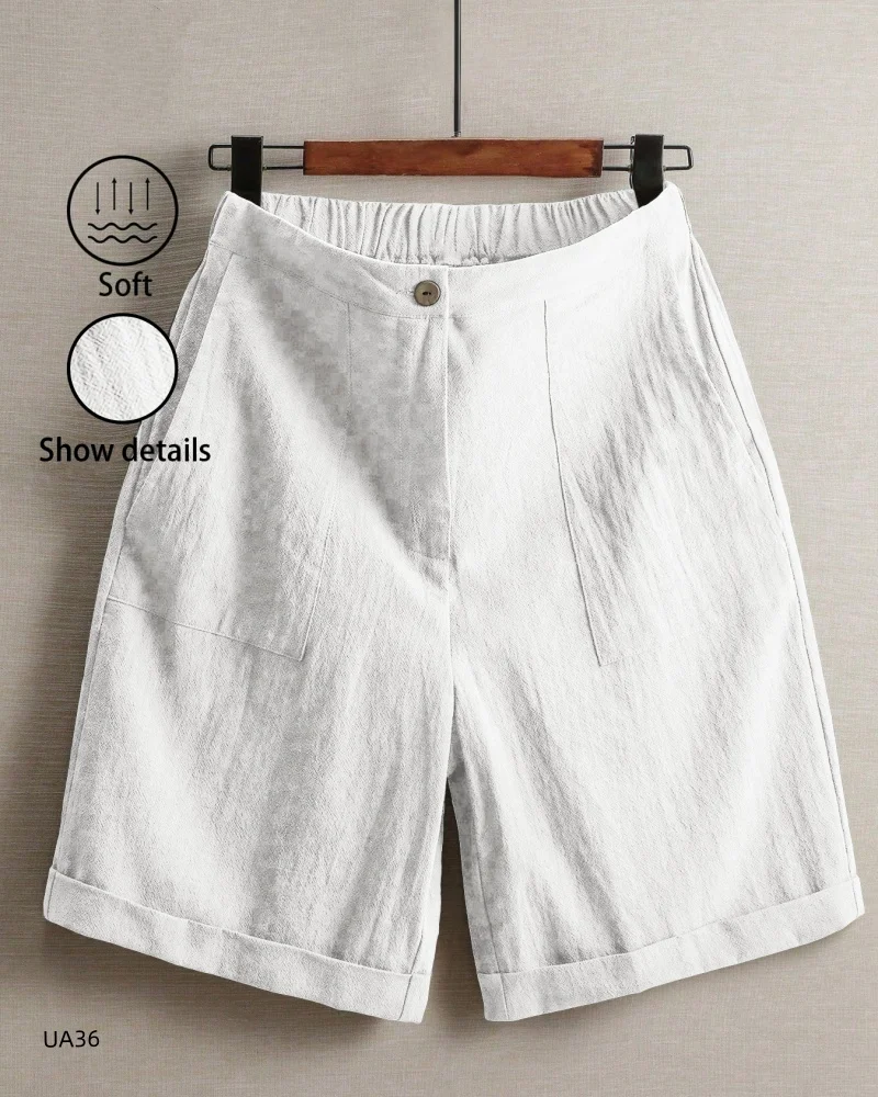Women's High Waist Cotton Linen Blend Shorts  Elastic Waist with Pockets Summer Casual Loose Wide Leg Rolled Hem Female Pants