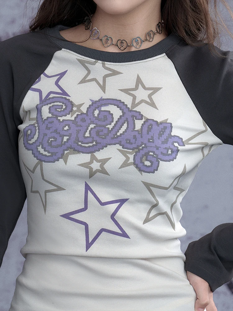 Dophee New Spring Autumn Long Sleeve T-shirt Colorblock Subculture Slimming Basic Top Stars Printing O-neck Women Cotton Tees