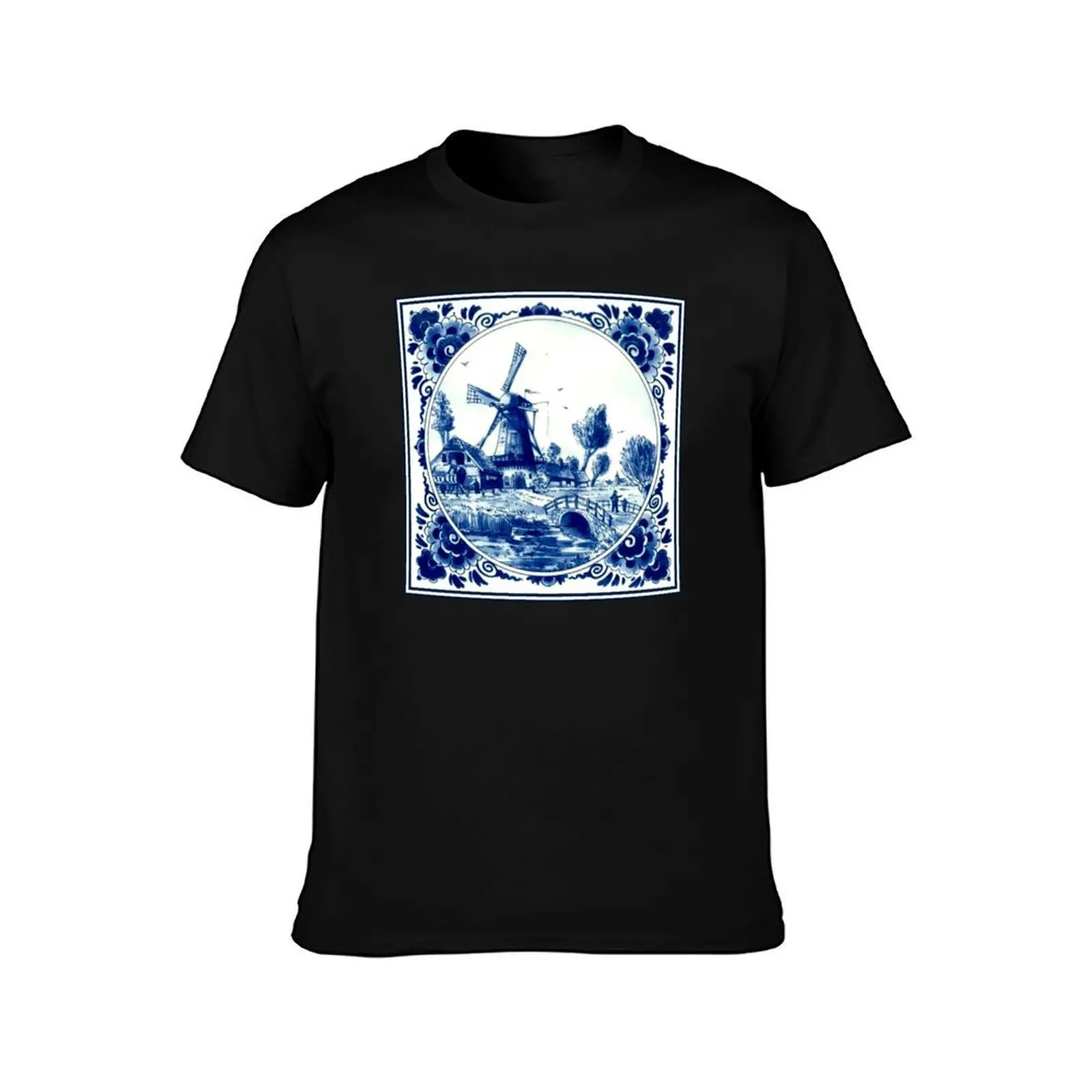 DUTCH BLUE DELFT : Vintage Windmill and Bridge Print T-Shirt Large Size Loose Casual Tee T-Shirt