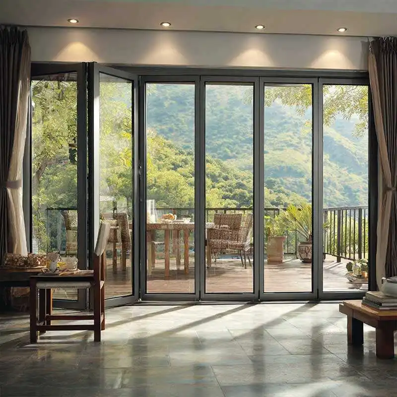 High Quality Rainproof and Sun Protection Folding Door Aluminum Frame Glass Accordion Folding Door Balcony Finished Fold Up Door