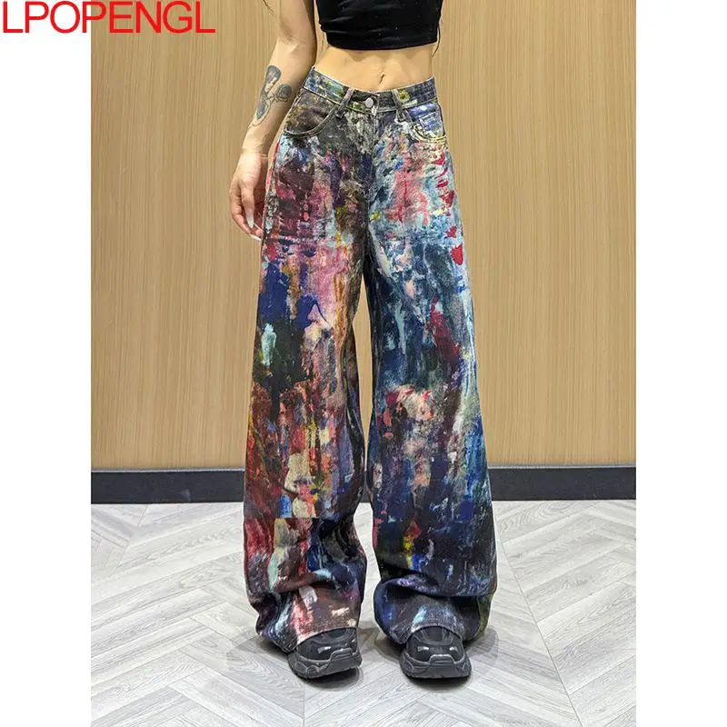 

American Colored Splashed Ink Design Streetwear Jeans 2026 Women's Spring And Summer Loose Versatile Straight Leg Floor Pants