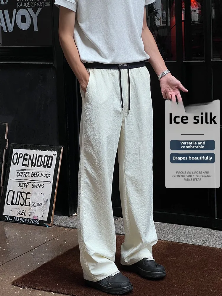 

Мужские повседневные брюки Entong из ледяного шелка, тонкие осенние длинные брюки с кондиционером, свободный крой, прямые брюки со средней талией