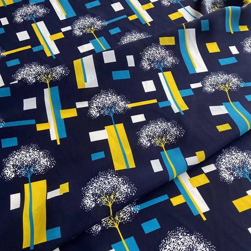 114CM Wide 16mm Blue and Yellow Geometry Printed Thin Black Silk Crepe de Chine Fabric for DIY Sewing Dress Pajamas C001-60