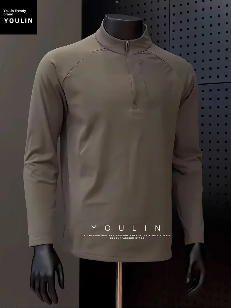 Military Green American Style Hoodie Men's Winter Outdoor Sports Training Fitness Collar Long Sleeve T-Shirt Half Zipper