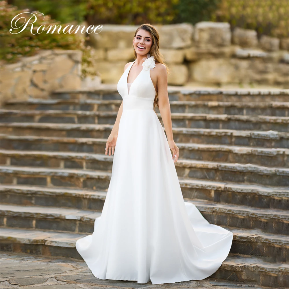 Elegant Halter Flower A-Line Wedding Dress 2026 Women Sleeveless Open Back Sweep Train Bridal Gown Vestidos De Novia Customized