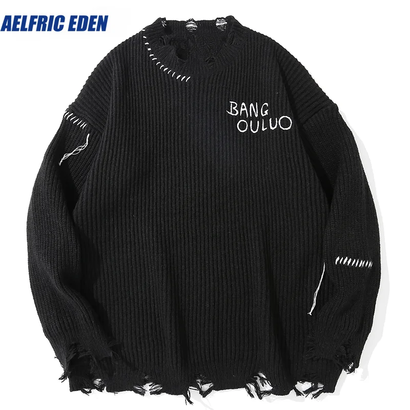 

Aelfric Eden Men Hip Hop Knitted Jumper Sweaters Destroy Ripped Striped Streetwear Harajuku Autumn New Oversize Casual Pullovers