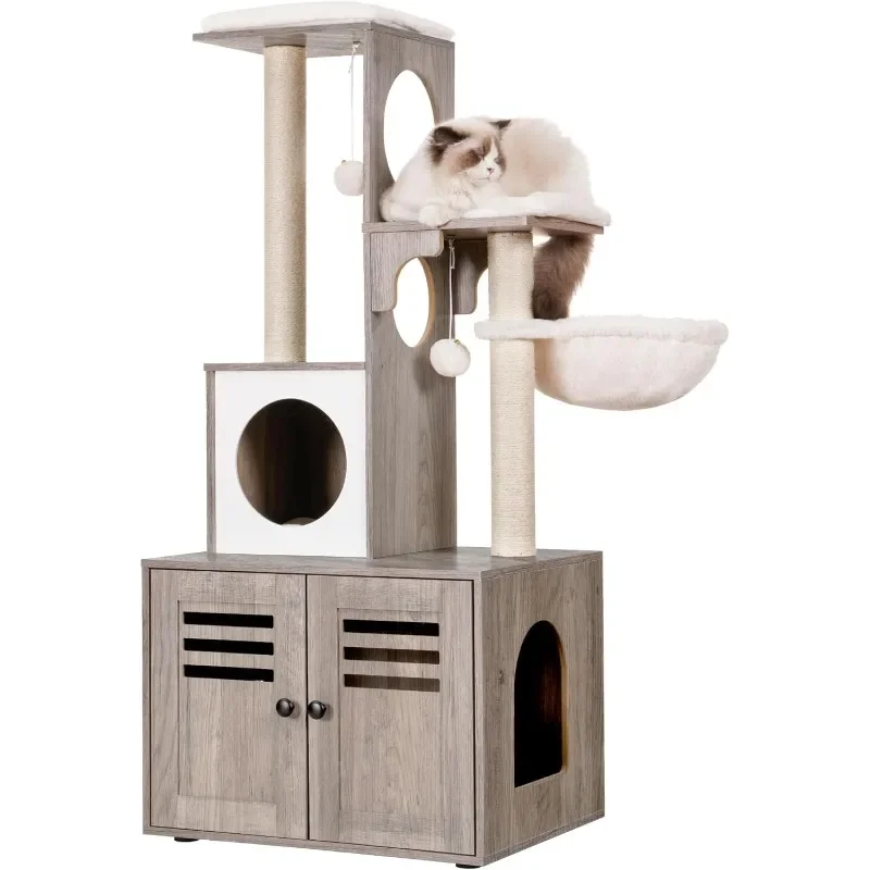 

Cat Tree, Wood Litter Box Enclosure with Food Station, All-in-one Indoor Cat Furniture with Large Platform and Condo, Modern