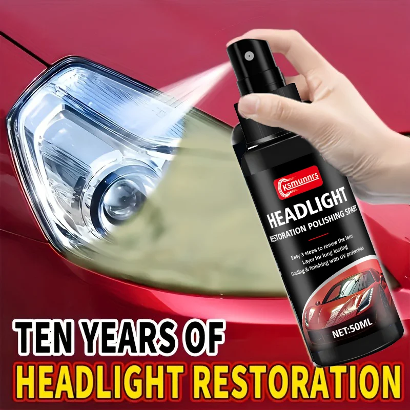Headlight Restoration Polish Spray - Quick Yellowing Fogging Removal Boosts Light Brightness Improves Driving Safety